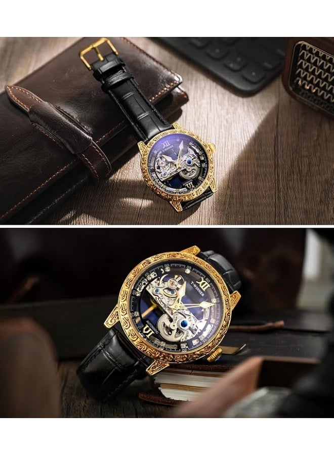 Winner Men Vintage Mechanical Self-wind Watch, Gorgeous Carving Totem Bezel，Luxury Double-sided Hallow Skeleton Dail with Diamond Scale Automatic Watches, Big Dial Leather Strap Wristwatch - Image 4